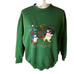 Vintage Nutcracker Green Christmas‎ Snowman Embroidered Fleece Sweatshirt Large